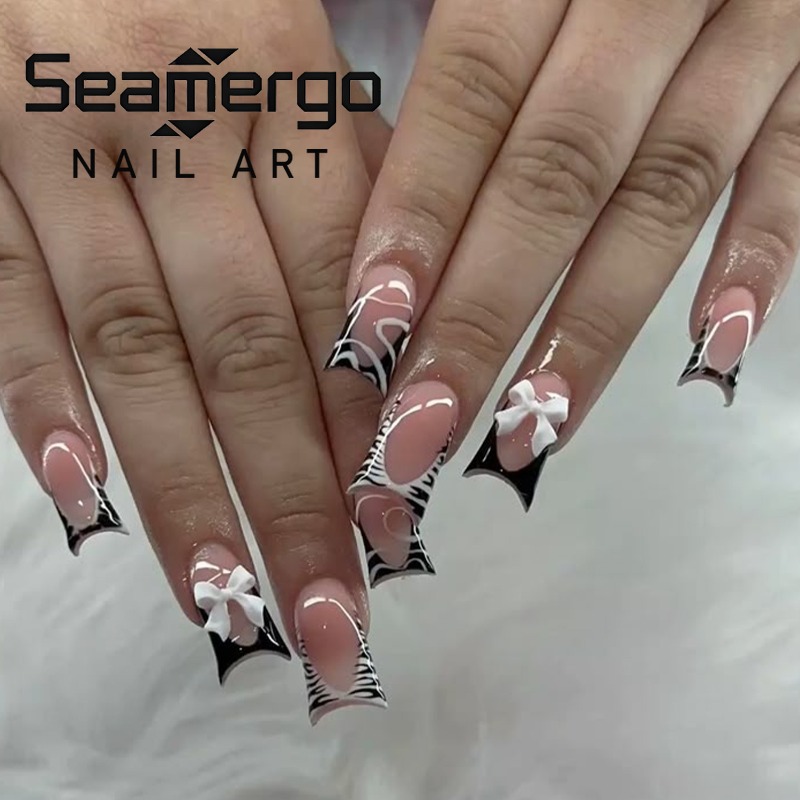 Nail Art Zebra - 24 Pezzi Unghie Finte Nere Semplici